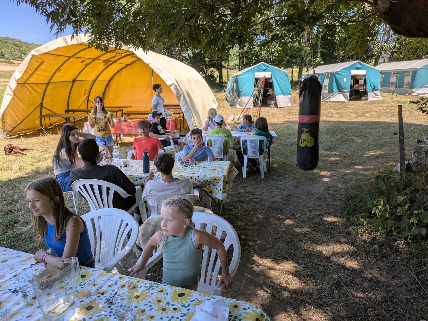 Le campement : tentes marabouts et tables sous les arbres au domaine Les Vigouroux