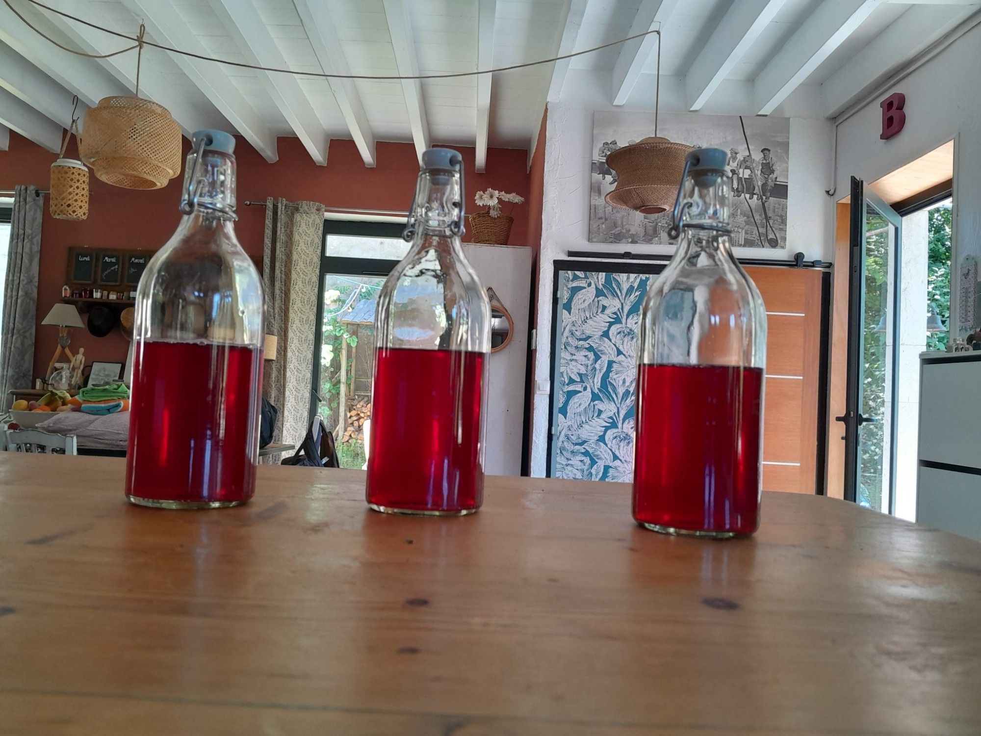 Trois bouteilles de sirop maison couleur rubis